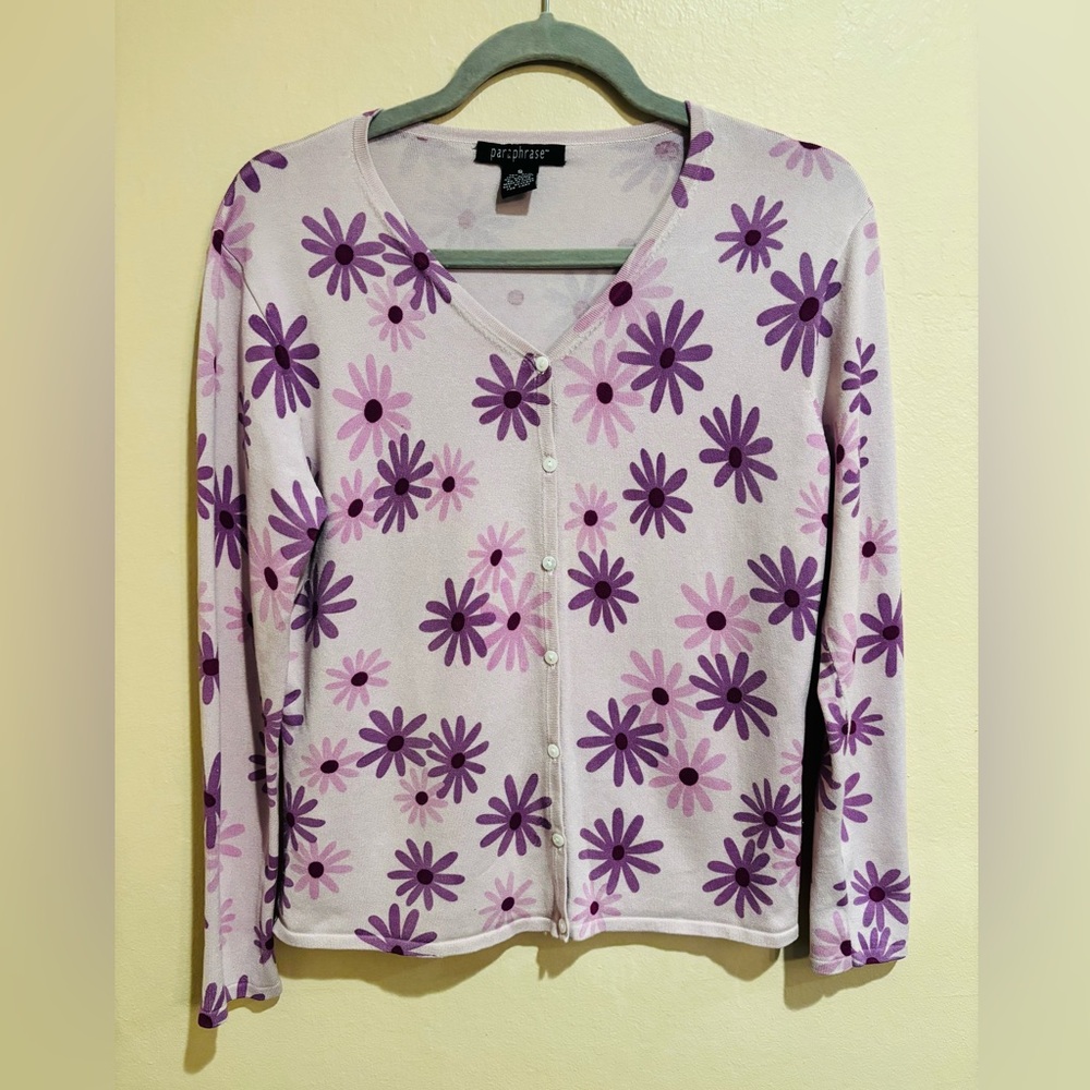 Purple Daisy Y2K Button Up Silk Blend Sweater, Friends Core, Lizzie McGuire